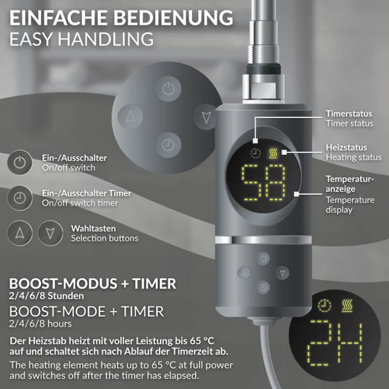 Elektrischer Badheizkörper mit Heizstab 1200W 500x1800 mm Anthrazit gerade mit Seitenanschluss & Thermostat Digitalanzeige LuxeBath