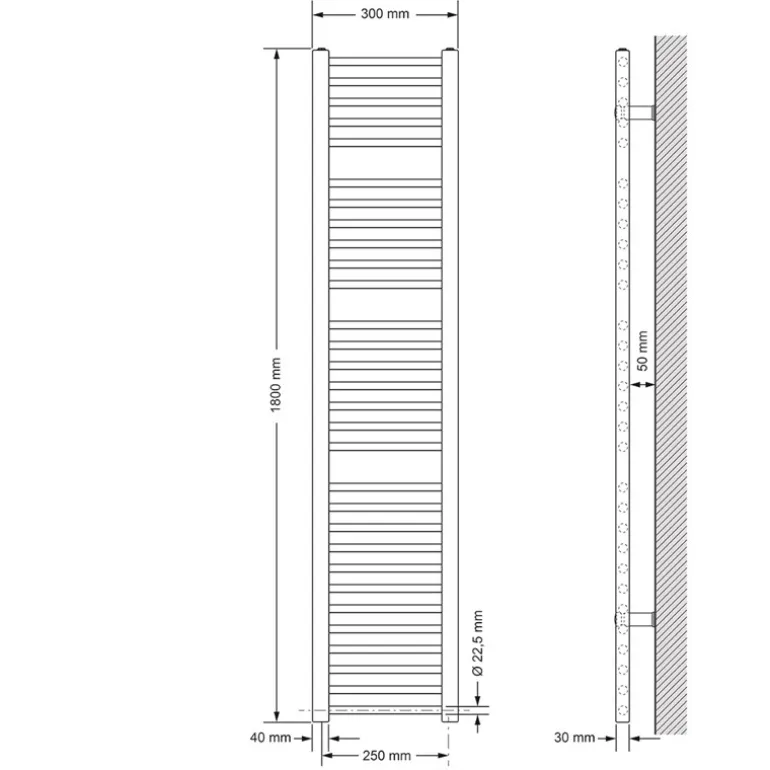Elektrischer Badheizkörper mit Heizstab 1200W 300x1800 mm Weiß gerade Seitenanschluss & Thermostat LuxeBath