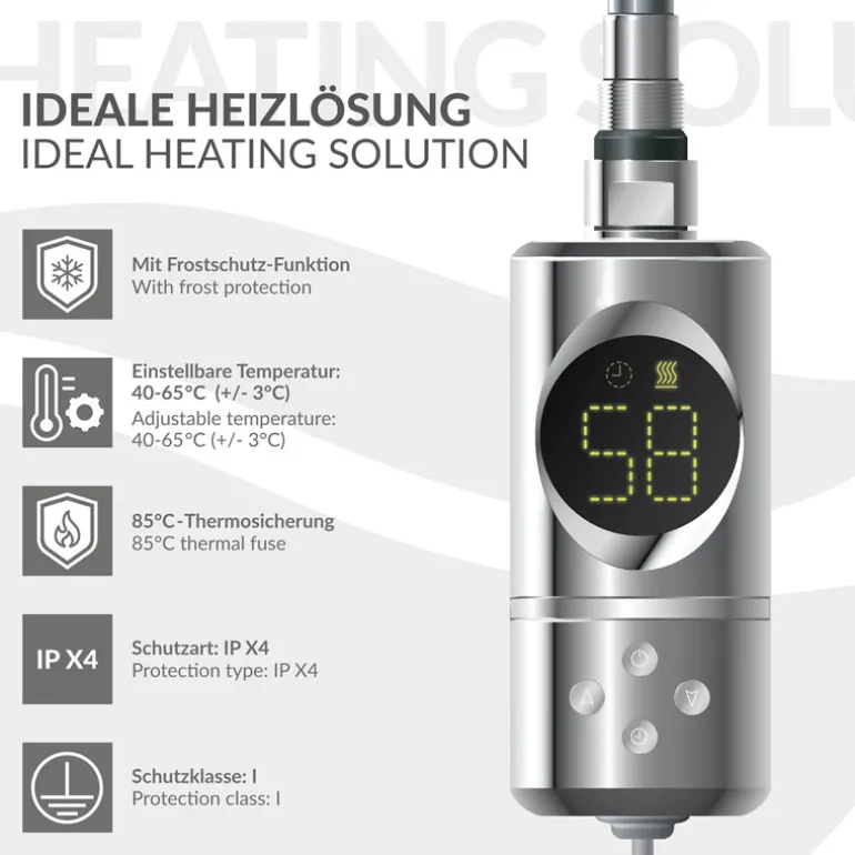 Elektrischer Badheizkörper mit Heizstab 1200W 600x1200 mm Chrom gerade Seitenanschluss & Thermostat LuxeBath