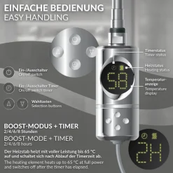 Elektrischer Badheizkörper mit Heizstab 1200W 400x1200 mm Chrom gebogen mit Seitenanschluss & Thermostat Digitalanzeige LuxeBath