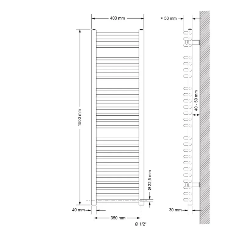 Elektrischer Badheizkörper mit Heizstab 1200W 400x1500 mm Anthrazit gebogen mit Seitenanschluss LuxeBath