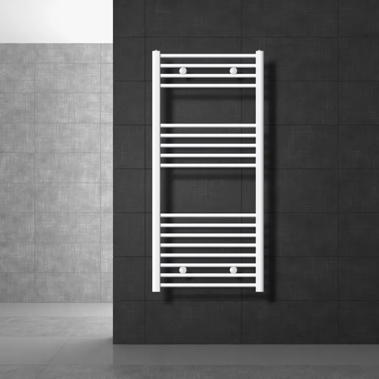 Elektrischer Badheizkörper mit Heizstab 1200W 600x1200 mm Weiß gebogen Seitenanschluss & Thermostat LuxeBath