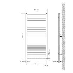 Elektrischer Badheizkörper mit Heizstab 1200W 600x1200 mm Weiß gerade mit Seitenanschluss LuxeBath
