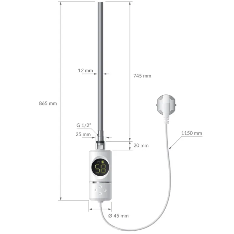 Elektrischer Badheizkörper mit Heizstab 1200W 600x1200 mm Weiß gerade Seitenanschluss & Thermostat LuxeBath