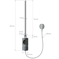 Elektrischer Badheizkörper mit Heizstab 1200W 600x1500 mm Anthrazit gebogen Seitenanschluss & Thermostat Digitalanzeige LuxeBath