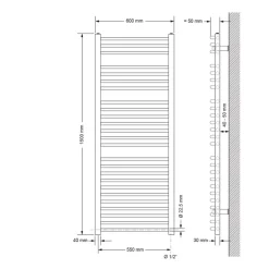 Elektrischer Badheizkörper mit Heizstab 1200W 600x1500 mm Weiß gebogen mit Seitenanschluss LuxeBath