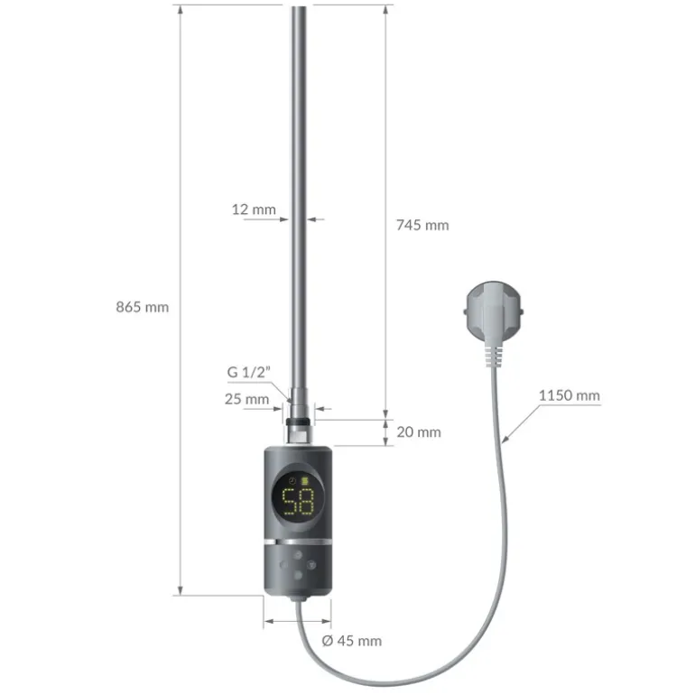 Elektrischer Badheizkörper mit Heizstab 1200W 600x1800 mm Anthrazit gerade Seitenanschluss & Thermostat Digitalanzeige LuxeBath