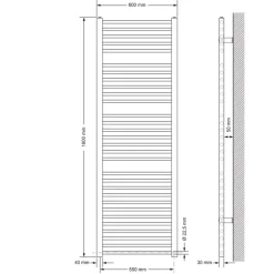 Elektrischer Badheizkörper mit Heizstab 1200W 600x1800 mm Weiß gerade mit Seitenanschluss LuxeBath