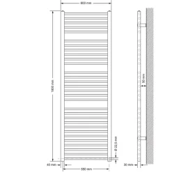 Elektrischer Badheizkörper mit Heizstab 1200W 600x1800 mm Weiß gerade Seitenanschluss & Thermostat Digitalanzeige LuxeBath