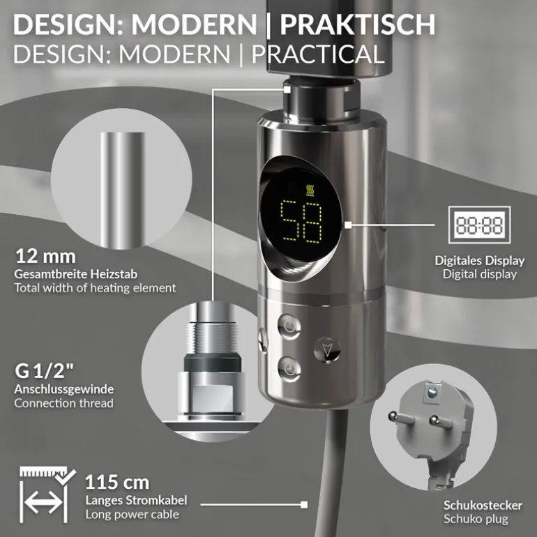 Elektrischer Badheizkörper mit Heizstab 300W 300x800 mm Chrome gerade Seitenanschluss & Thermostat Digitalanzeige LuxeBath
