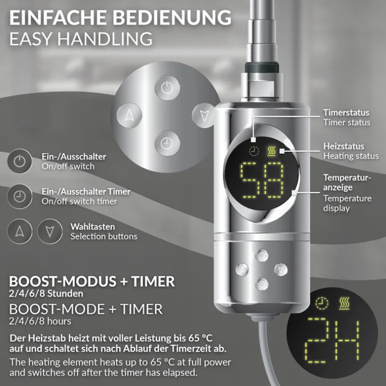 Elektrischer Badheizkörper mit Heizstab 300W 300x800 mm Chrome gerade Seitenanschluss & Thermostat Digitalanzeige LuxeBath