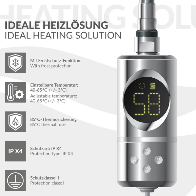 Elektrischer Badheizkörper mit Heizstab 300W 300x800 mm Chrome gerade Seitenanschluss & Thermostat Digitalanzeige LuxeBath