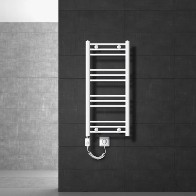 Elektrischer Badheizkörper mit Heizstab 300W 400x800 mm Weiß gebogen mit Seitenanschluss LuxeBath