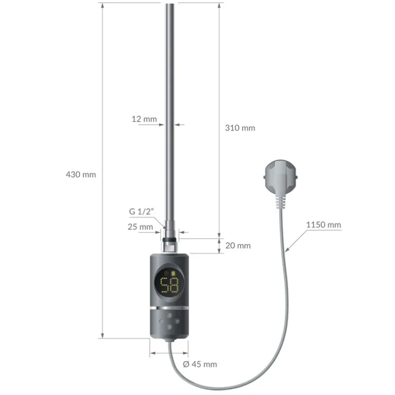 Elektrischer Badheizkörper mit Heizstab 300W 500x800 mm Anthrazit gerade Seitenanschluss & Thermostat LuxeBath