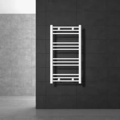 Elektrischer Badheizkörper mit Heizstab 300W 500x800 mm Weiß gebogen Seitenanschluss & Thermostat LuxeBath