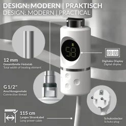 Elektrischer Badheizkörper mit Heizstab 300W 500x800 mm Weiß gebogen Seitenanschluss & Thermostat LuxeBath