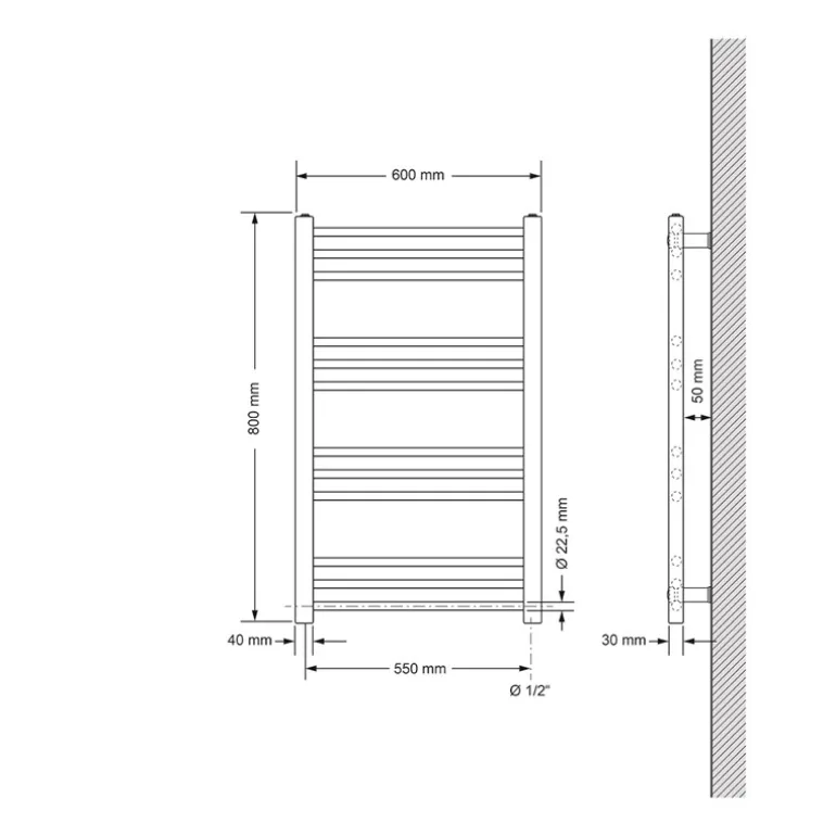 Elektrischer Badheizkörper mit Heizstab 300W 600x800 mm Anthrazit gerade mit Seitenanschluss LuxeBath