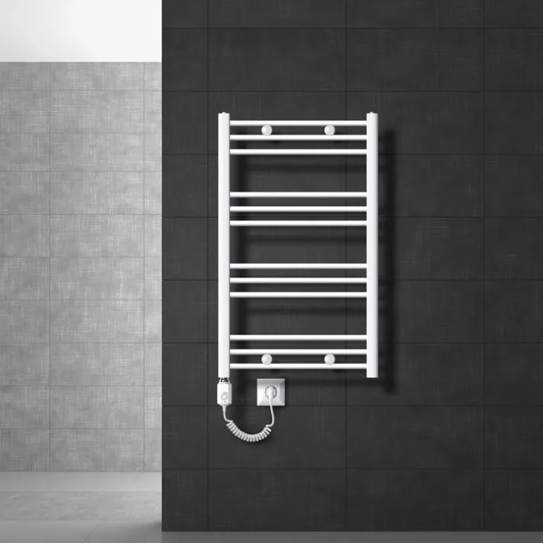 Elektrischer Badheizkörper mit Heizstab 600W 600x800 mm Weiß gebogen mit Seitenanschluss LuxeBath