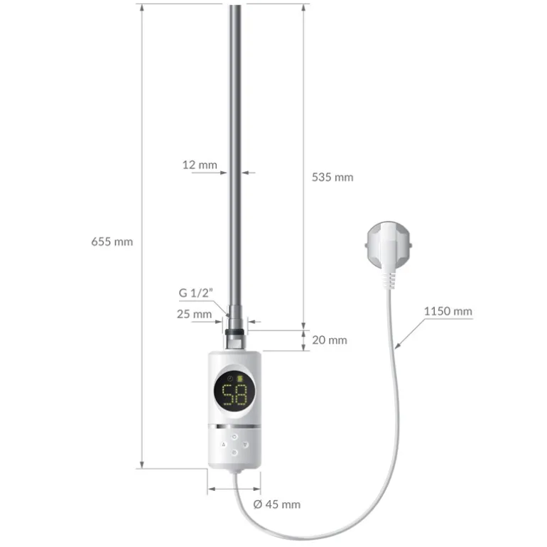 Elektrischer Badheizkörper mit Heizstab 600W 600x800 mm Weiß gebogen Seitenanschluss & Thermostat Digitalanzeige LuxeBath