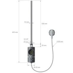 Elektrischer Badheizkörper mit Heizstab 600W 750x800 mm Anthrazit gerade Seitenanschluss & Thermostat Digitalanzeige LuxeBath