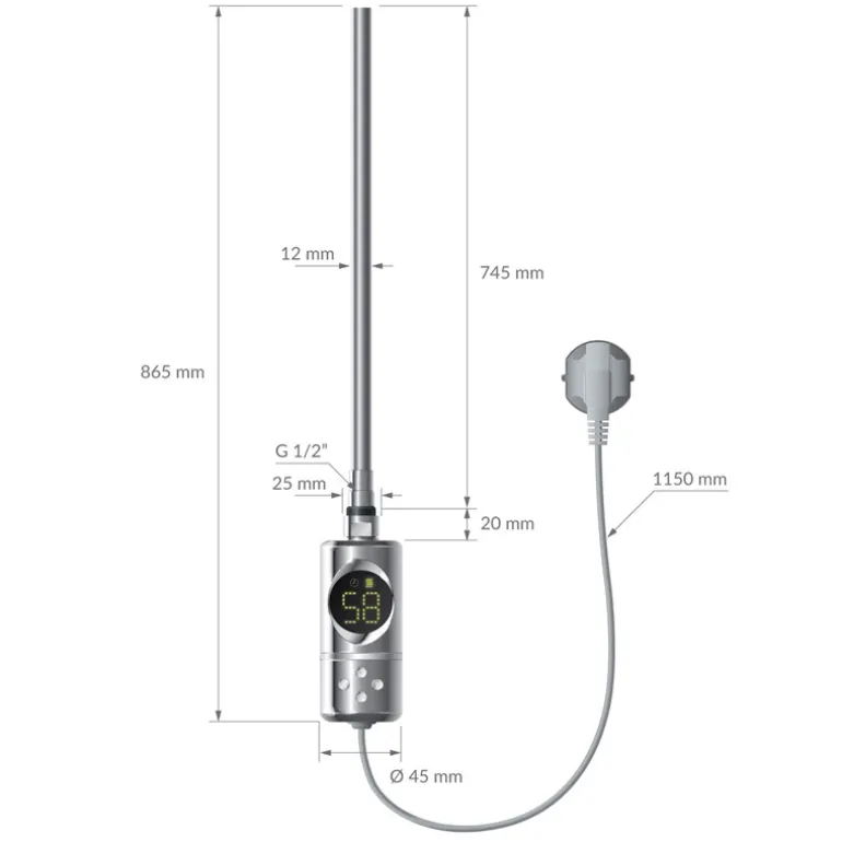 Elektrischer Badheizkörper mit Heizstab 900W 400x1200 mm Chrom gebogen mit Seitenanschluss & Thermostat Digitalanzeige LuxeBath