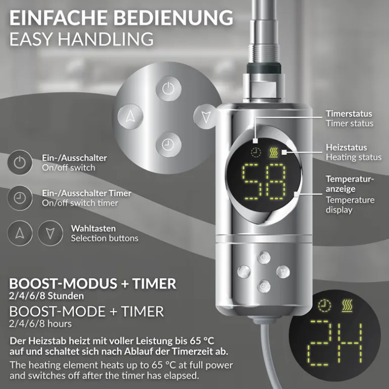 Elektrischer Badheizkörper mit Heizstab 900W 400x1200 mm Chrom gebogen mit Seitenanschluss & Thermostat Digitalanzeige LuxeBath