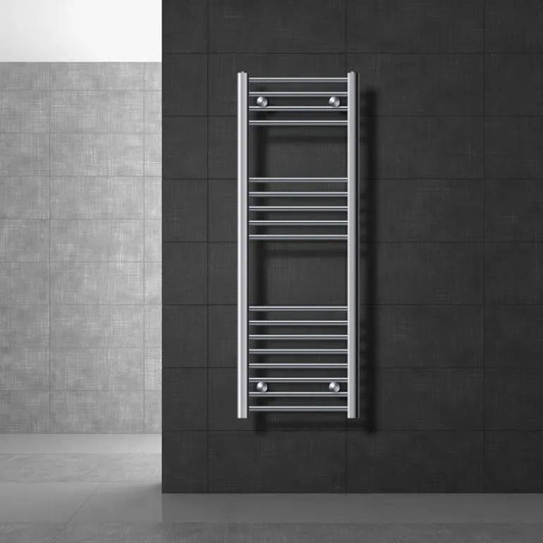 Elektrischer Badheizkörper mit Heizstab 900W 400x1200 mm Chrome gerade Seitenanschluss & Thermostat Digitalanzeige LuxeBath