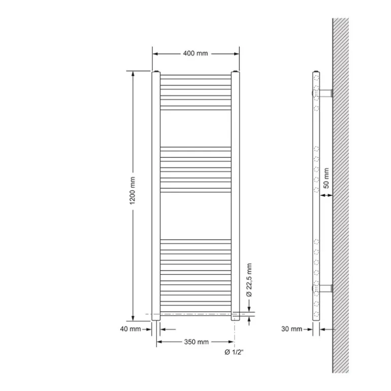 Elektrischer Badheizkörper mit Heizstab 900W 400x1200 mm Chrome gerade Seitenanschluss & Thermostat Digitalanzeige LuxeBath