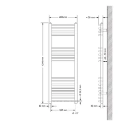 Elektrischer Badheizkörper mit Heizstab 900W 400x1200 mm Weiß gebogen Seitenanschluss & Thermostat Digitalanzeige LuxeBath