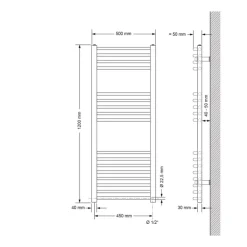 Elektrischer Badheizkörper mit Heizstab 900W 500x1200 mm Weiß gebogen mit Seitenanschluss LuxeBath