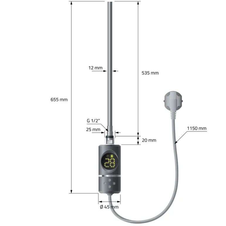 Elektrischer Badheizkörper mit Heizstab 600W 300x800 mm Anthrazit gerade mit Seitenanschluss LuxeBath