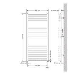 Elektrischer Badheizkörper mit Heizstab 900W 600x1200 mm Weiß gebogen Seitenanschluss & Thermostat LuxeBath