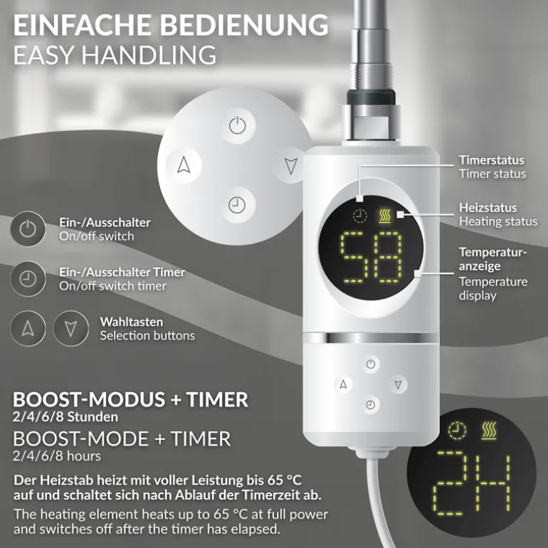 Elektrischer Badheizkörper mit Heizstab 900W 600x1800 mm Weiß gebogen Seitenanschluss & Thermostat Digitalanzeige LuxeBath