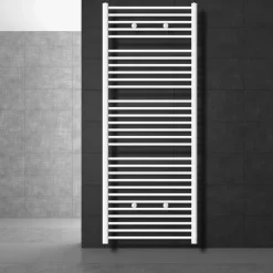 Elektrischer Badheizkörper mit Heizstab 900W 750x1800 mm Weiß gebogen Seitenanschluss & Thermostat Digitalanzeige LuxeBath