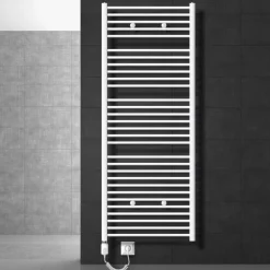 Elektrischer Badheizkörper mit Heizstab 900W 750x1800 mm Weiß gebogen Seitenanschluss LuxeBath