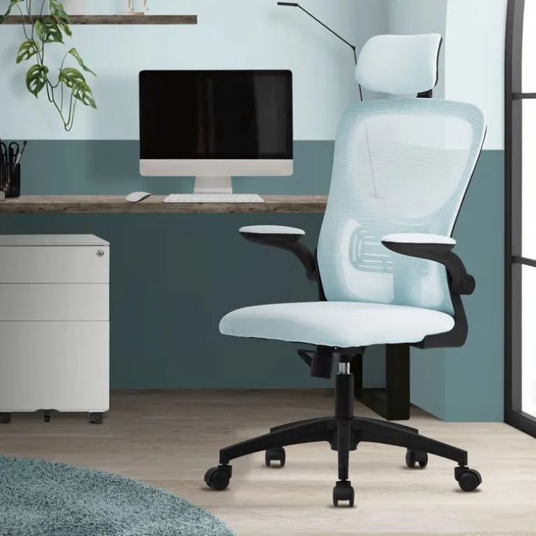 Ergonomischer Bürostuhl Blau Netzgewebe mit verstellbarer Kopfstütze und Rollen ML-Design