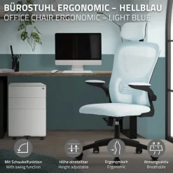 Ergonomischer Bürostuhl Blau Netzgewebe mit verstellbarer Kopfstütze und Rollen ML-Design