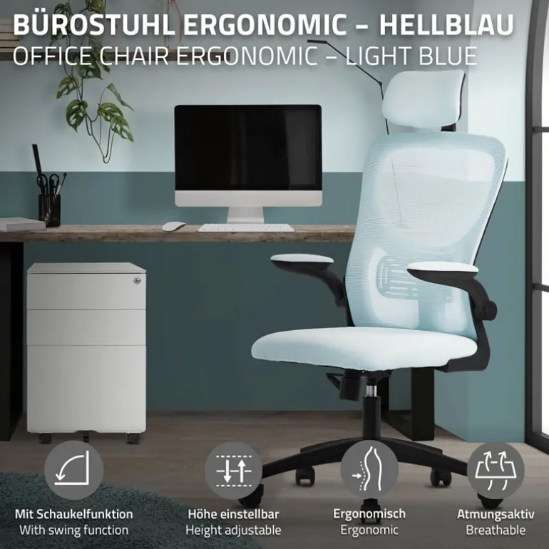 Ergonomischer Bürostuhl Blau Netzgewebe mit verstellbarer Kopfstütze und Rollen ML-Design