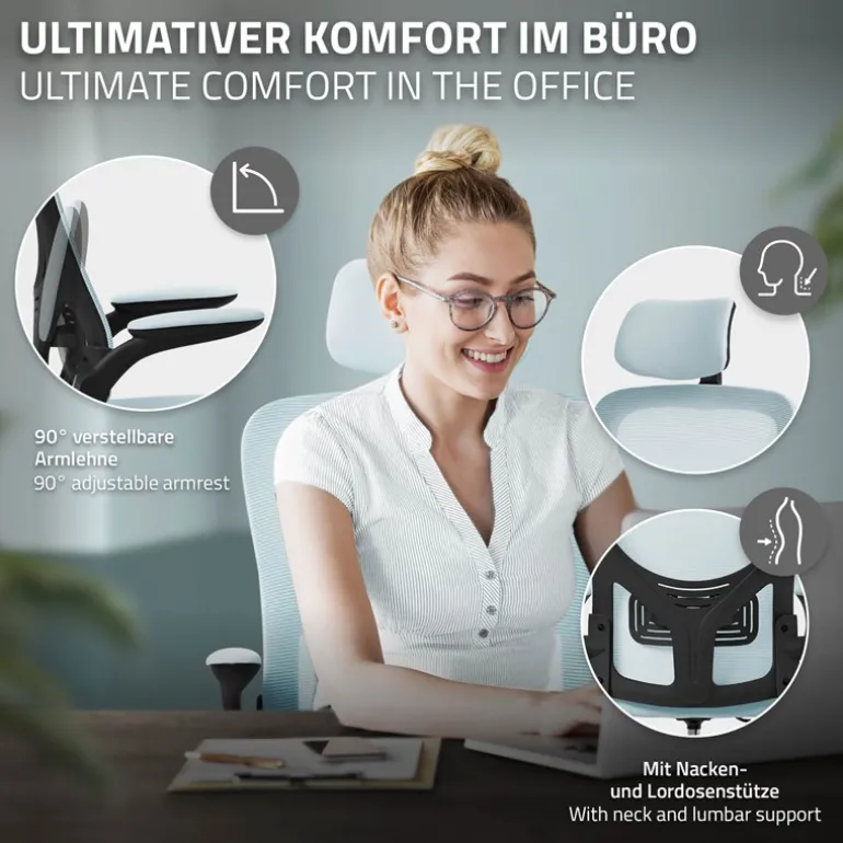 Ergonomischer Bürostuhl Blau Netzgewebe mit verstellbarer Kopfstütze und Rollen ML-Design