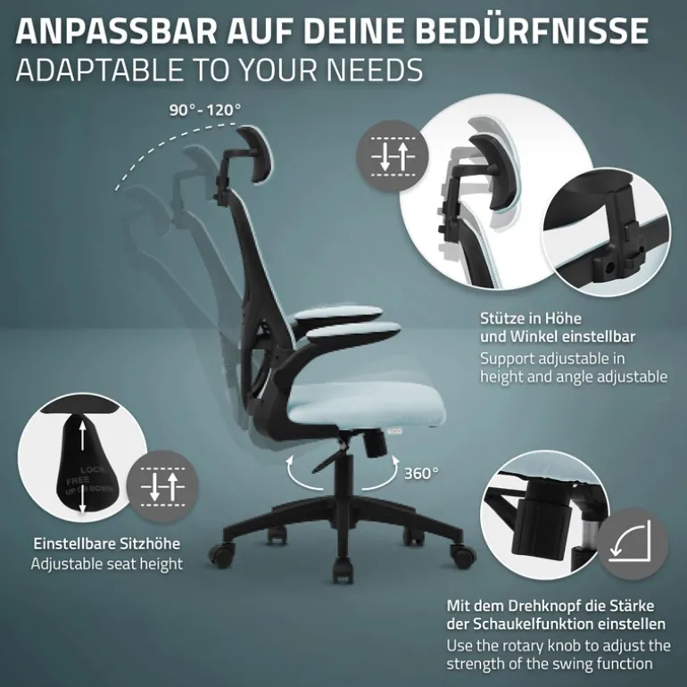 Ergonomischer Bürostuhl Blau Netzgewebe mit verstellbarer Kopfstütze und Rollen ML-Design