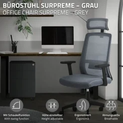 Ergonomischer Bürostuhl Grau Netzgewebe mit verstellbaren Armlehnen und Kopfstütze ML-Design