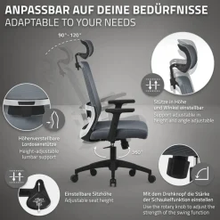 Ergonomischer Bürostuhl Grau Netzgewebe mit verstellbaren Armlehnen und Kopfstütze ML-Design
