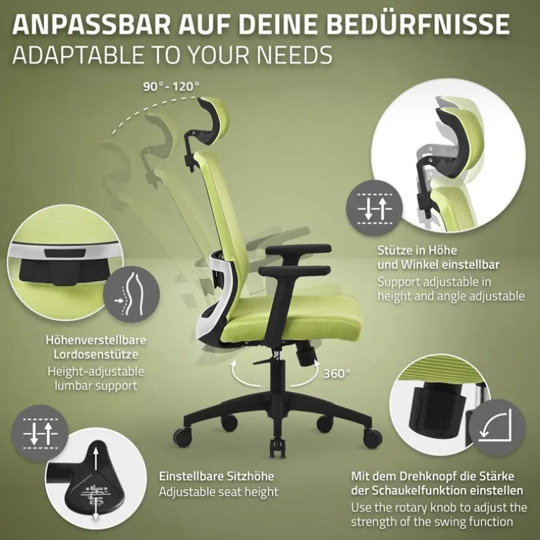 Ergonomischer Bürostuhl Grün Netzgewebe mit verstellbaren Armlehnen und Kopfstütze ML-Design