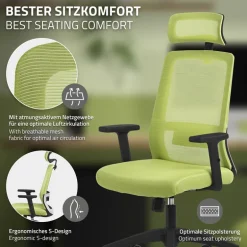 Ergonomischer Bürostuhl Grün Netzgewebe mit verstellbaren Armlehnen und Kopfstütze ML-Design