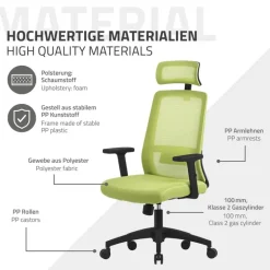 Ergonomischer Bürostuhl Grün Netzgewebe mit verstellbaren Armlehnen und Kopfstütze ML-Design
