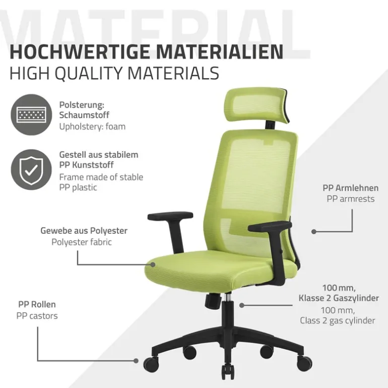 Ergonomischer Bürostuhl Grün Netzgewebe mit verstellbaren Armlehnen und Kopfstütze ML-Design