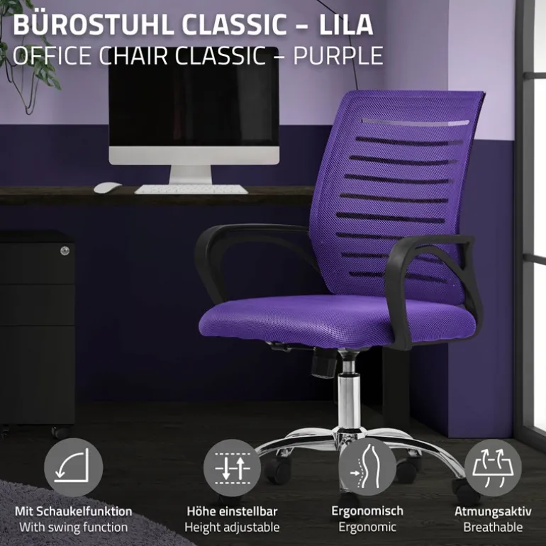 Ergonomischer Bürostuhl mit Armlehnen Netzgewebe Lila mit Rollen ML-Design