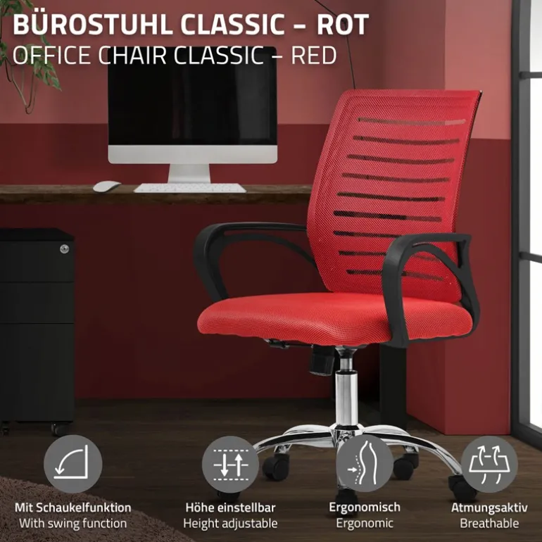 Ergonomischer Bürostuhl mit Armlehnen Netzgewebe Rot mit Rollen ML-Design