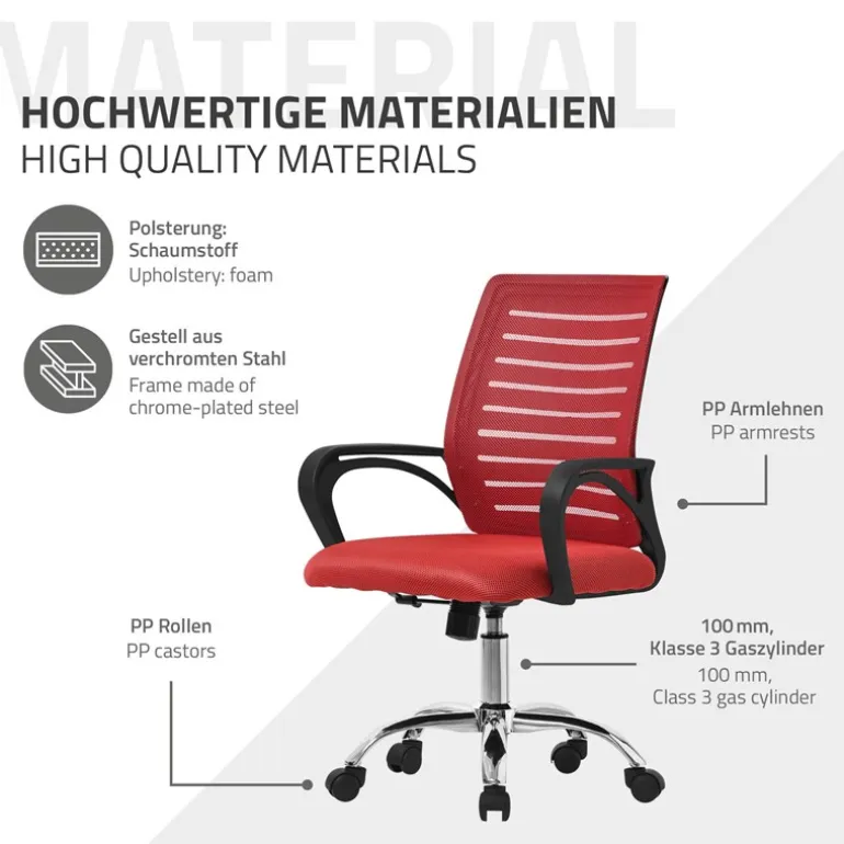 Ergonomischer Bürostuhl mit Armlehnen Netzgewebe Rot mit Rollen ML-Design