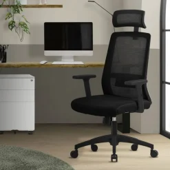 Ergonomischer Bürostuhl Schwarz Netzgewebe mit verstellbaren Armlehnen und Kopfstütze ML-Design